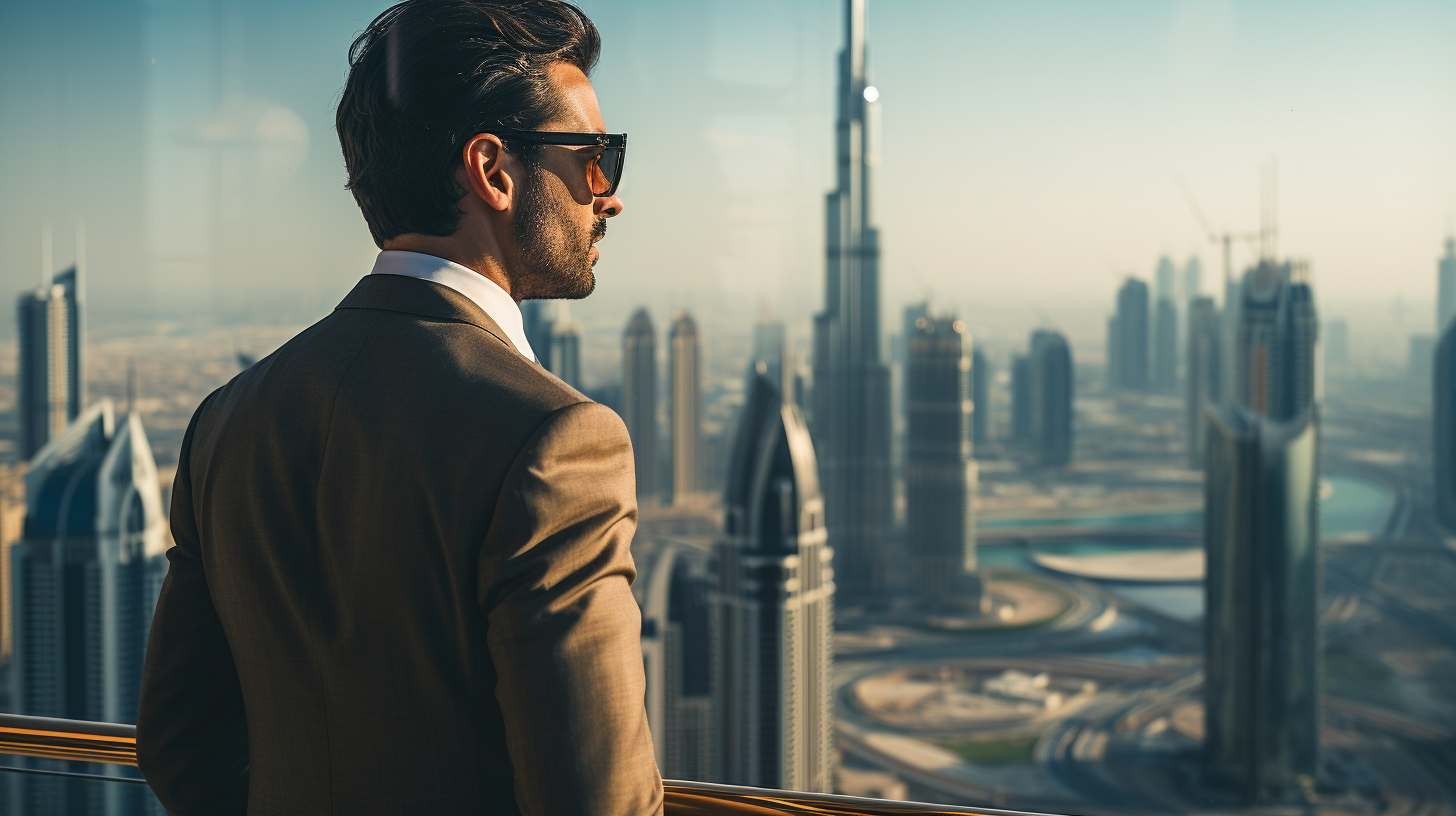 Businessman gazing at distant Dubai skyscraper