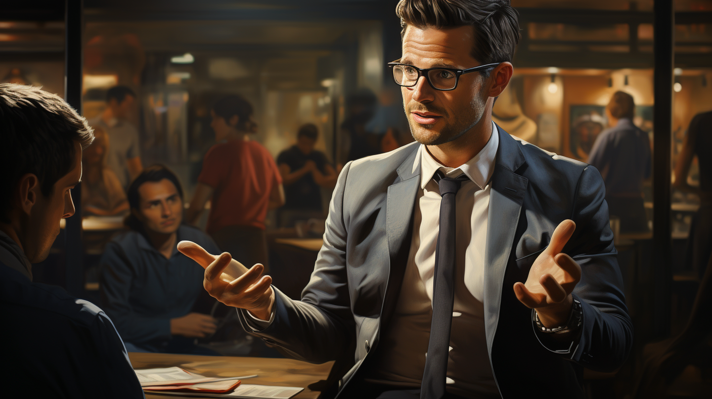 Businessman and friends discussing a photorealistic concept