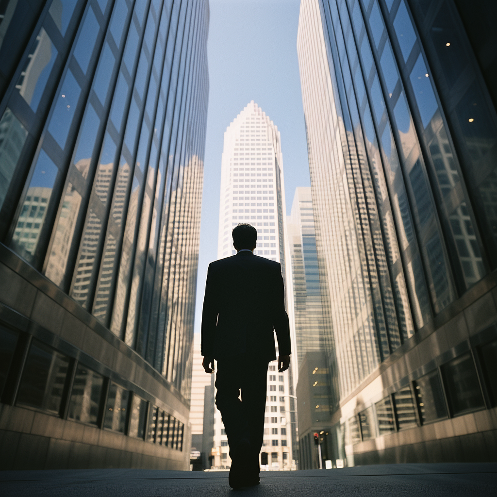 Businessman heading towards skyscraper in rush hour