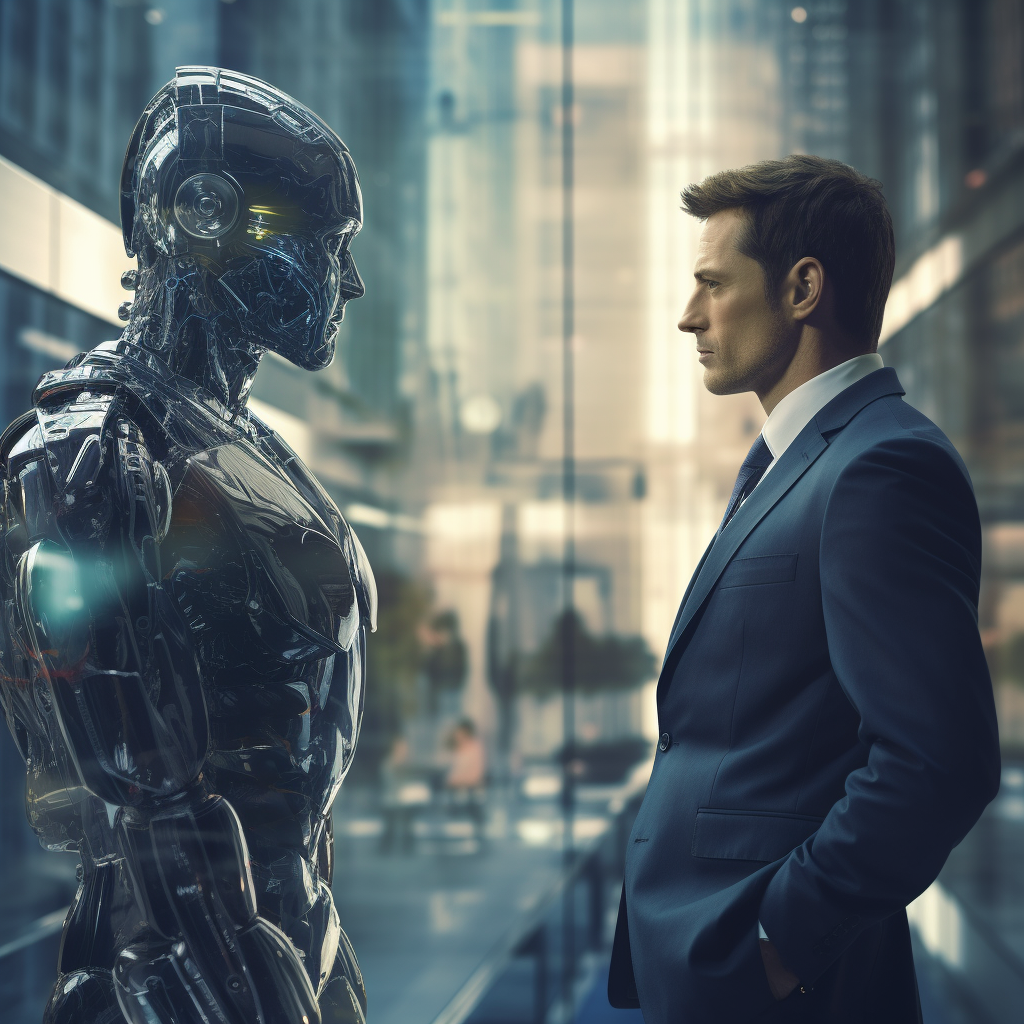 Businessman and Robot looking at each other