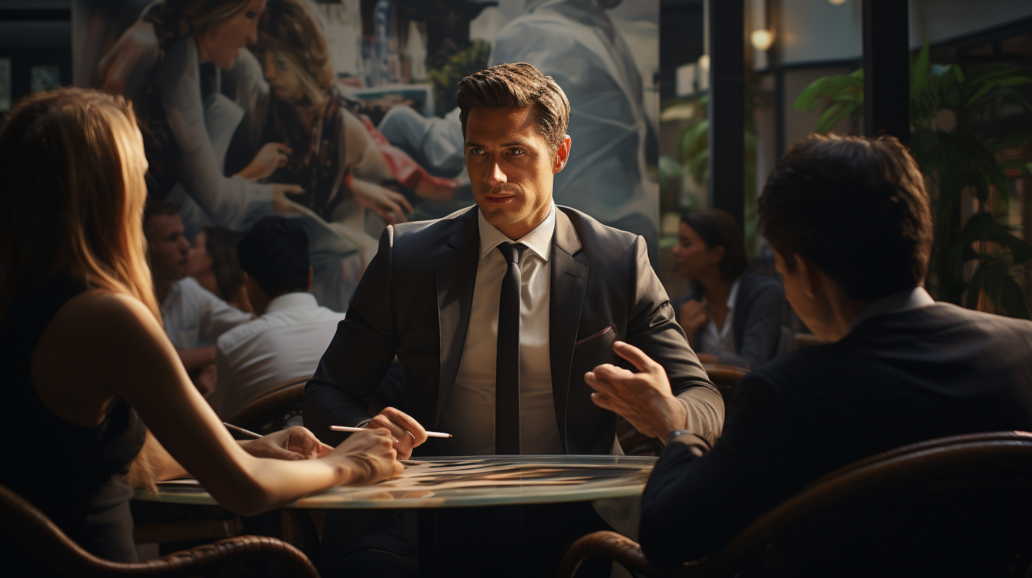 Businessman talking to friends in photorealistic image