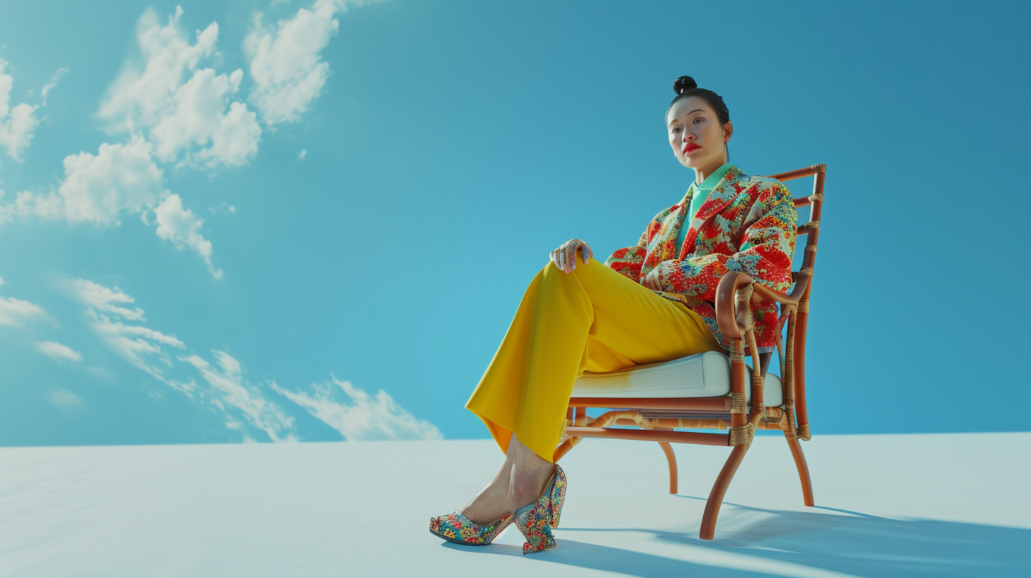 Businesswoman in Colorful Clothes Sitting like a Queen