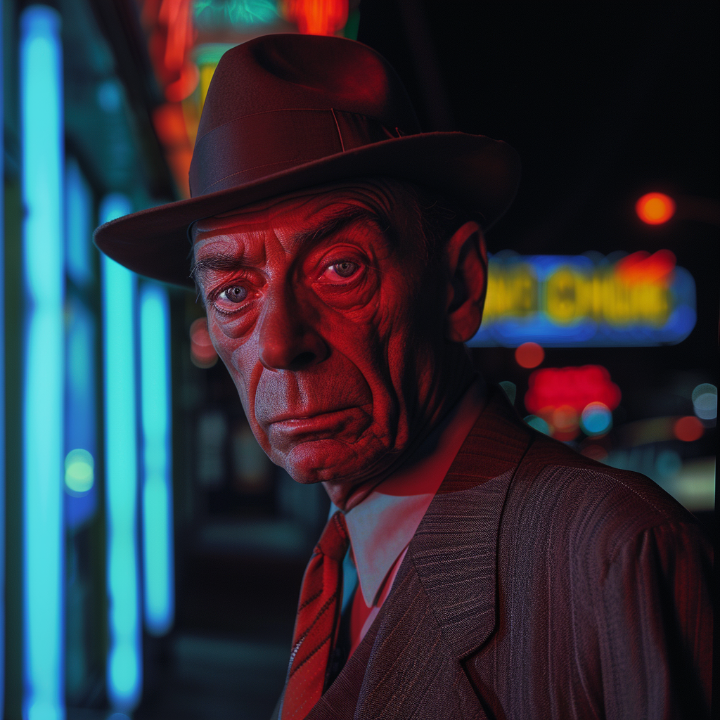 Buster Keaton night portrait with neon lights