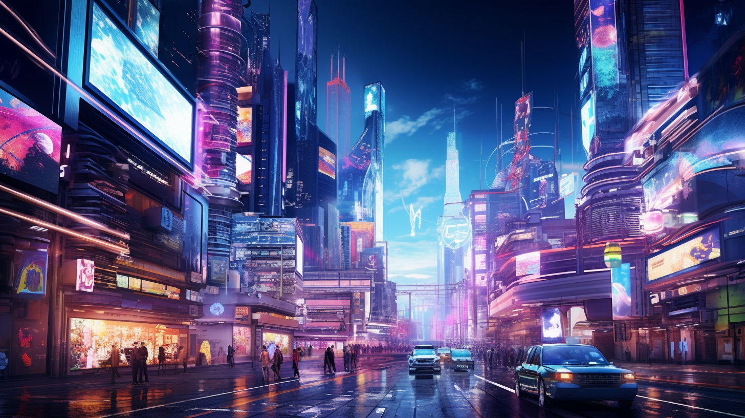 Busy street in cyberpunk city