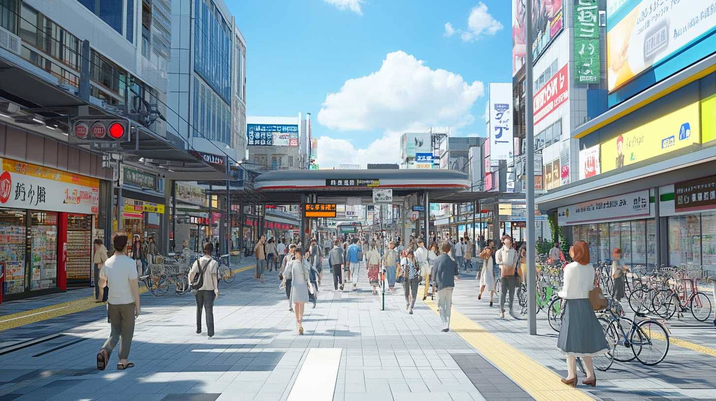 Busy Japanese city train station