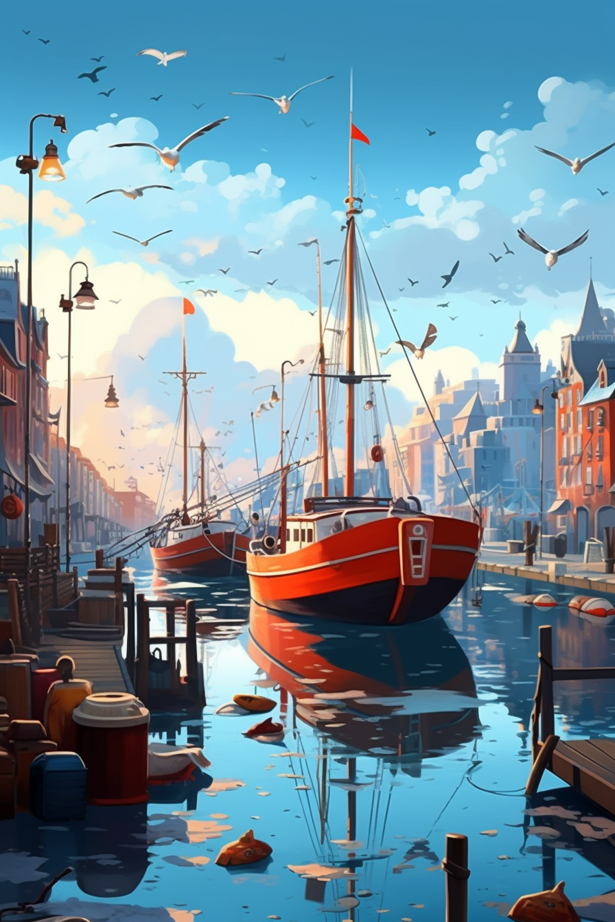 Cartoon picture of a busy harbour