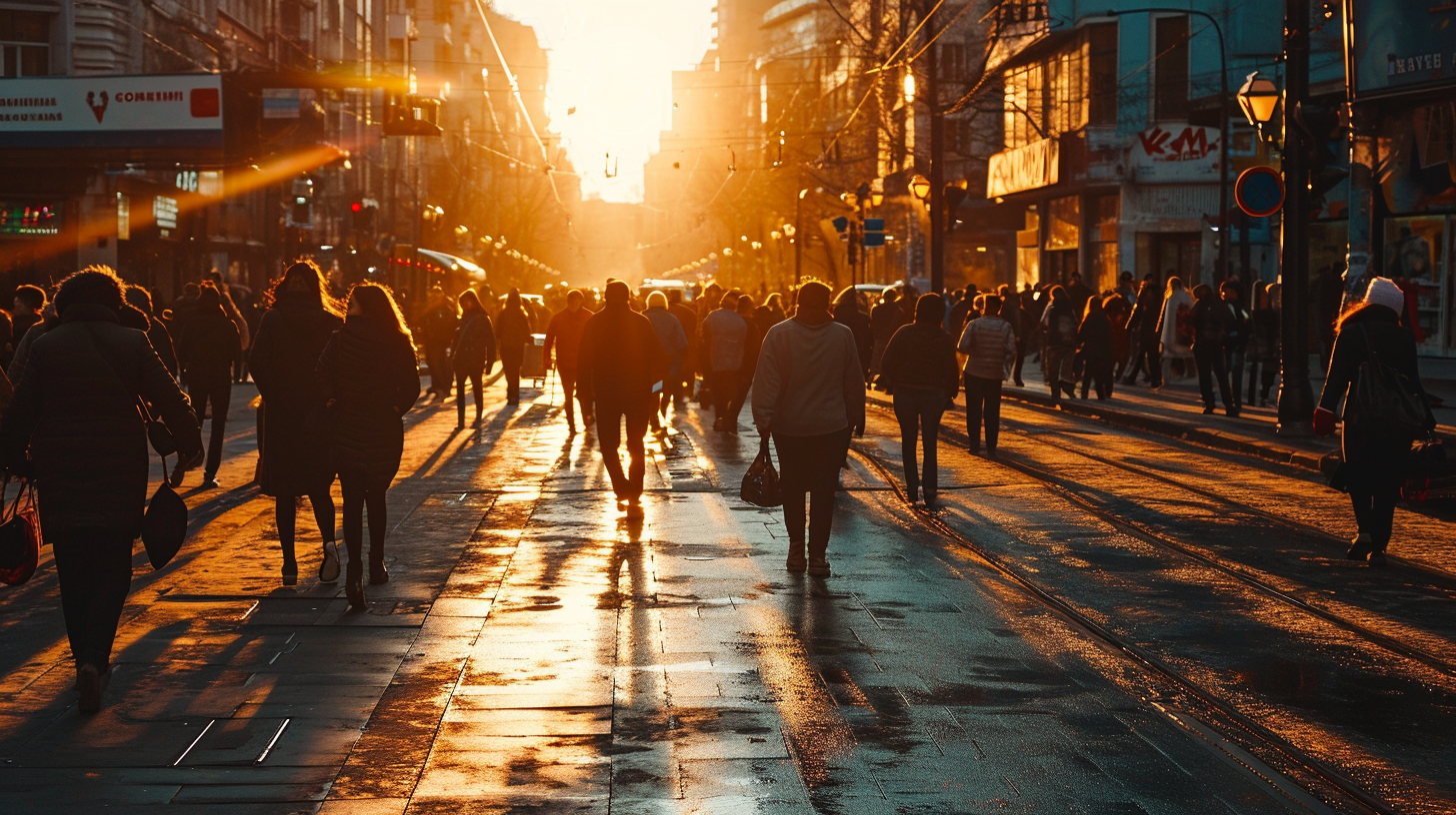 Crowded Intersection in Moscow with People Walking