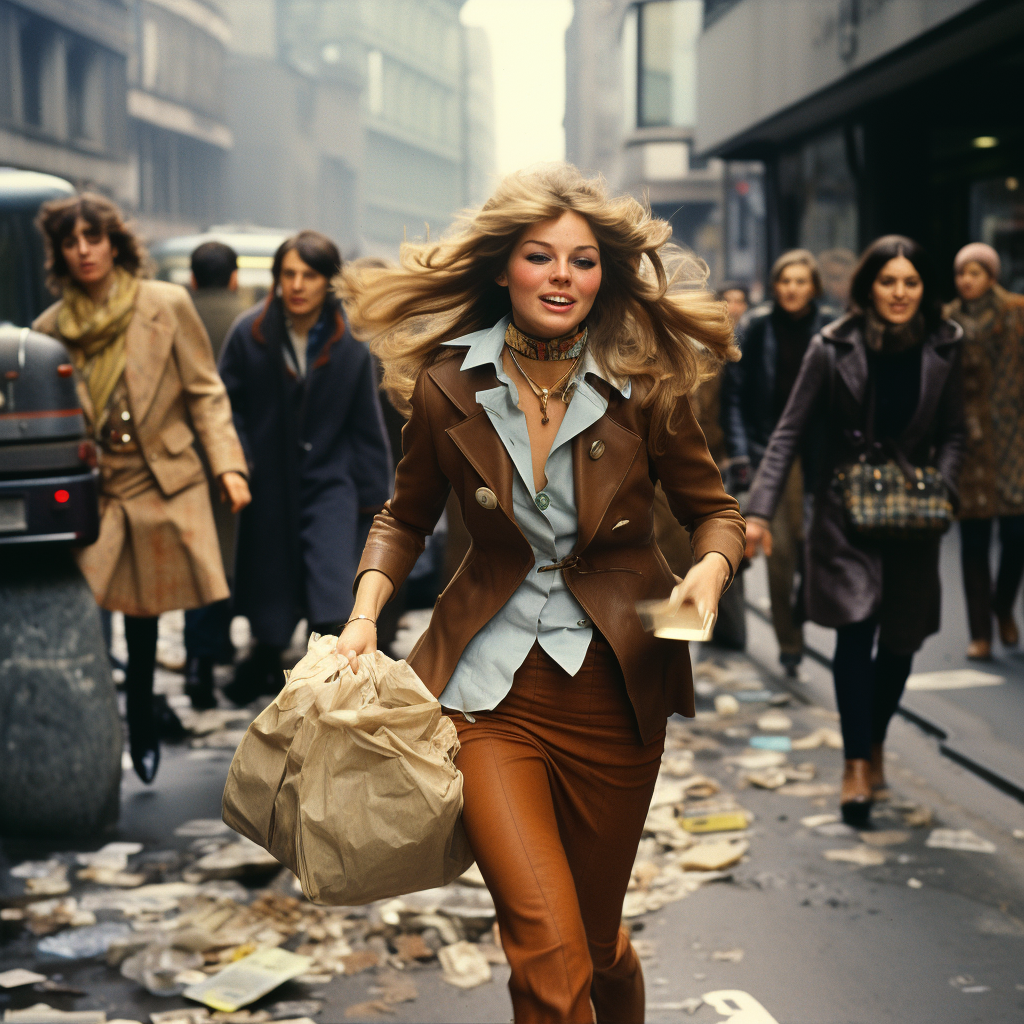 Well-dressed woman running with suitcase full of cash