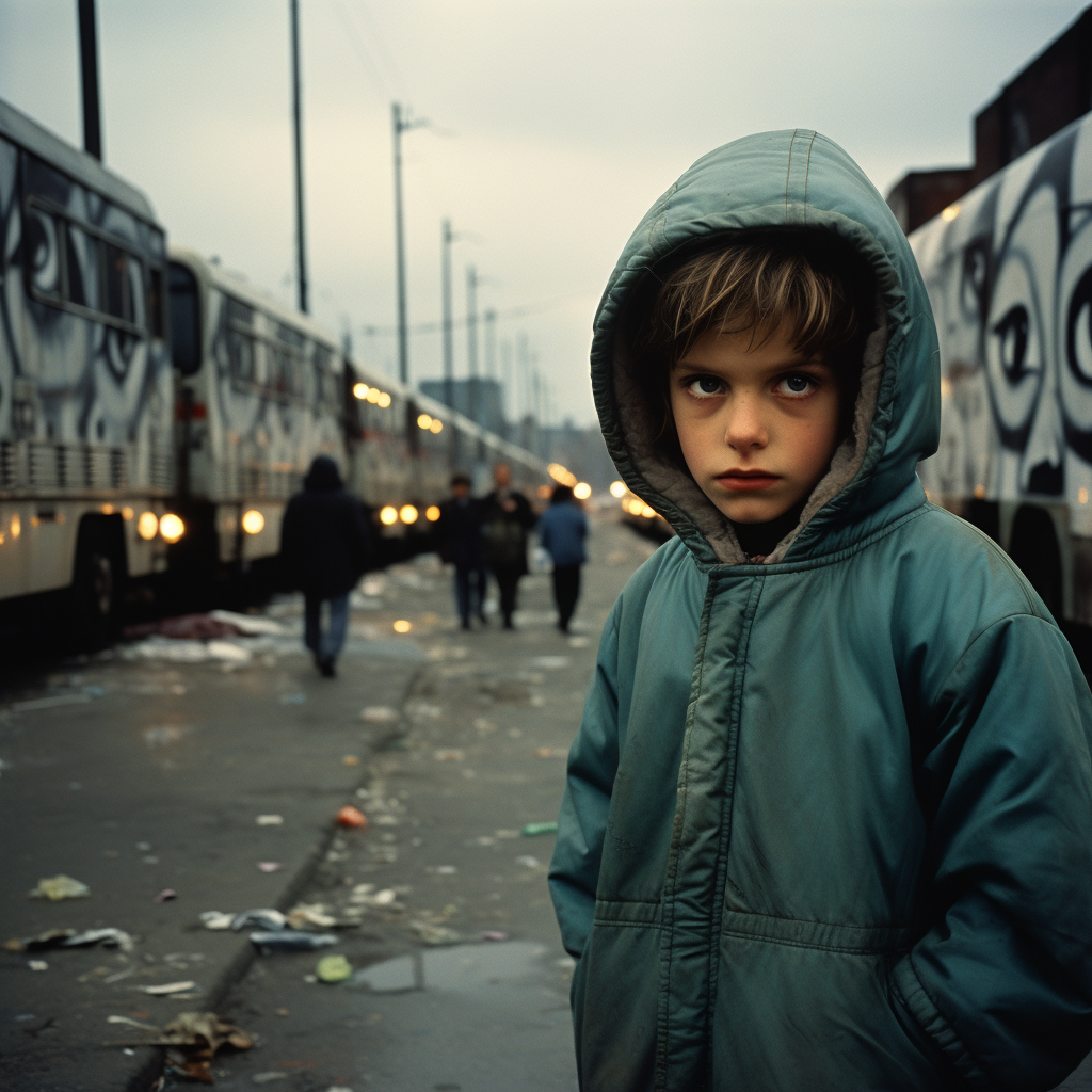 10-year-old boy walking on busy road