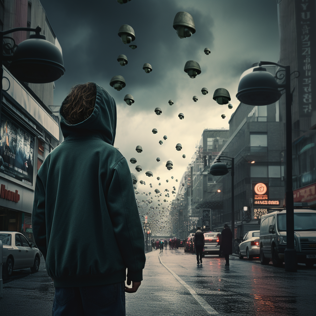 10-year-old child walking along busy road wearing hoodie