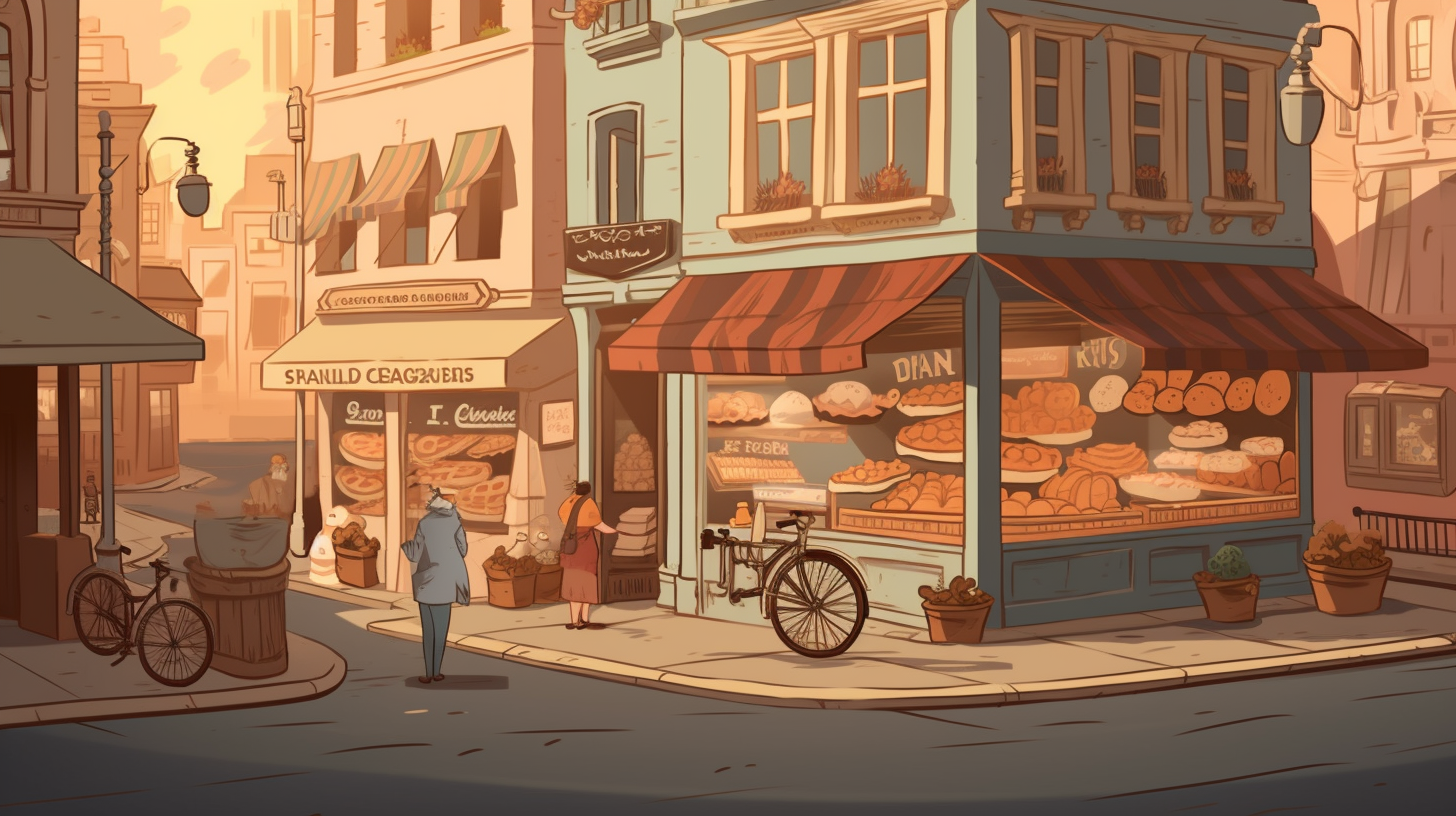 Illustration of a busy street with a bakery shop