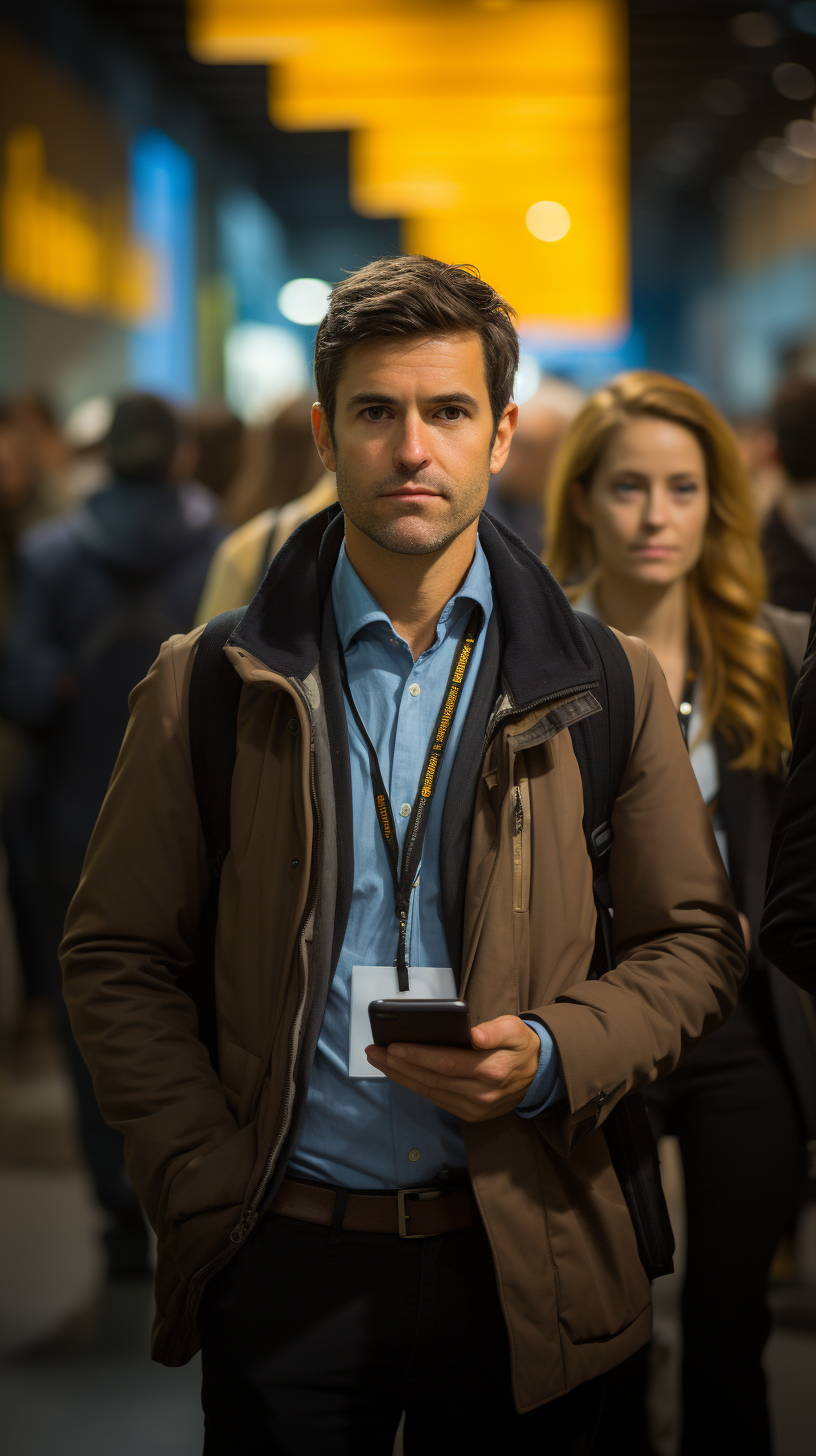 Man walking through busy tech conference