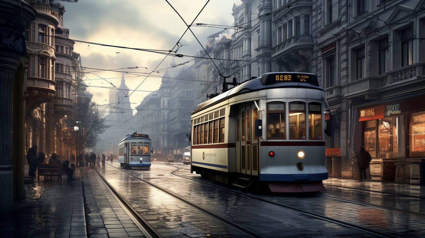 Busy city streets with tramway