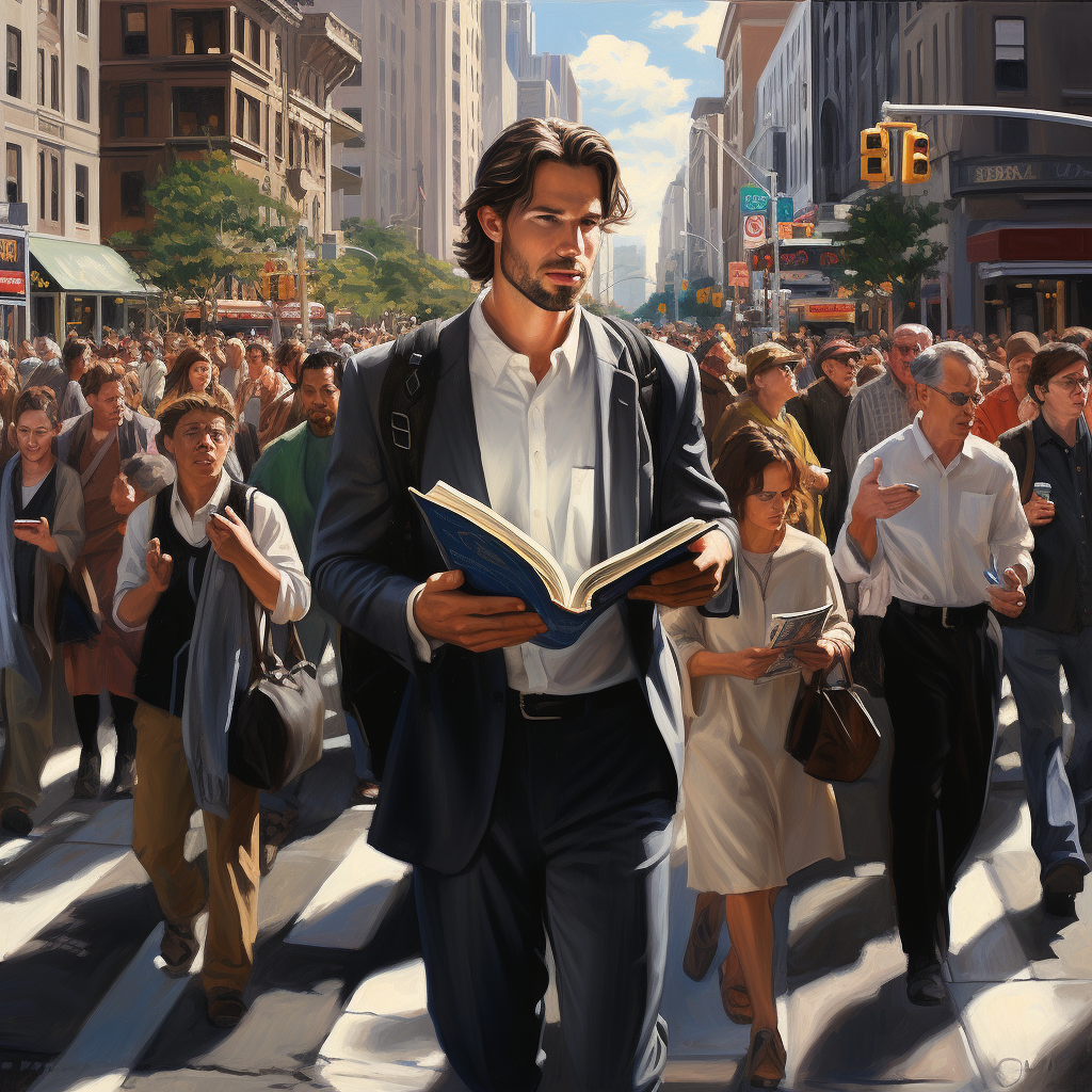 Man reading Bible in crowded intersection