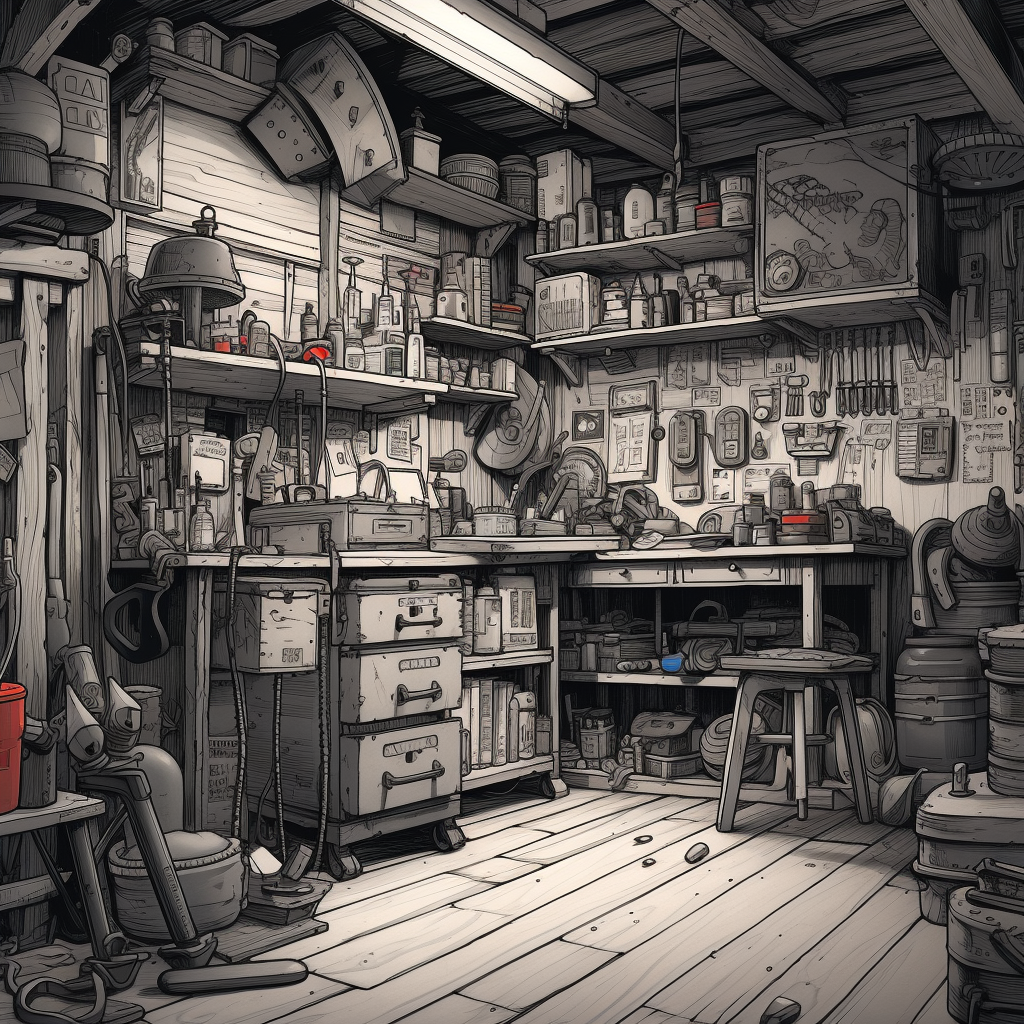 Detailed sketch of busy mechanic's garage