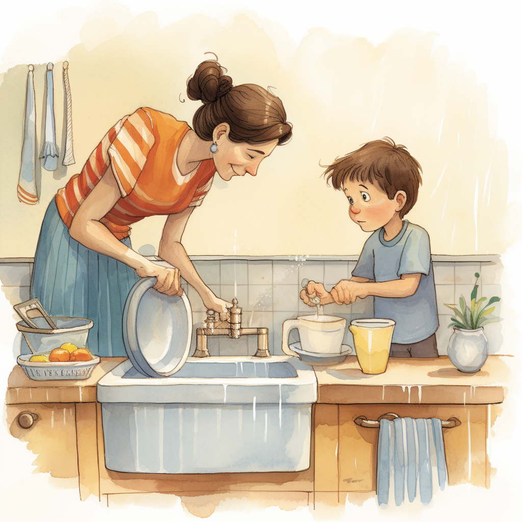 Mother cleaning dishes with biscuits