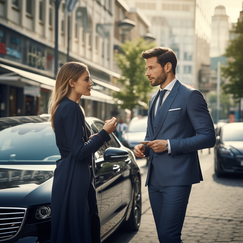 Helpful businesswoman guiding younger businessman across busy street