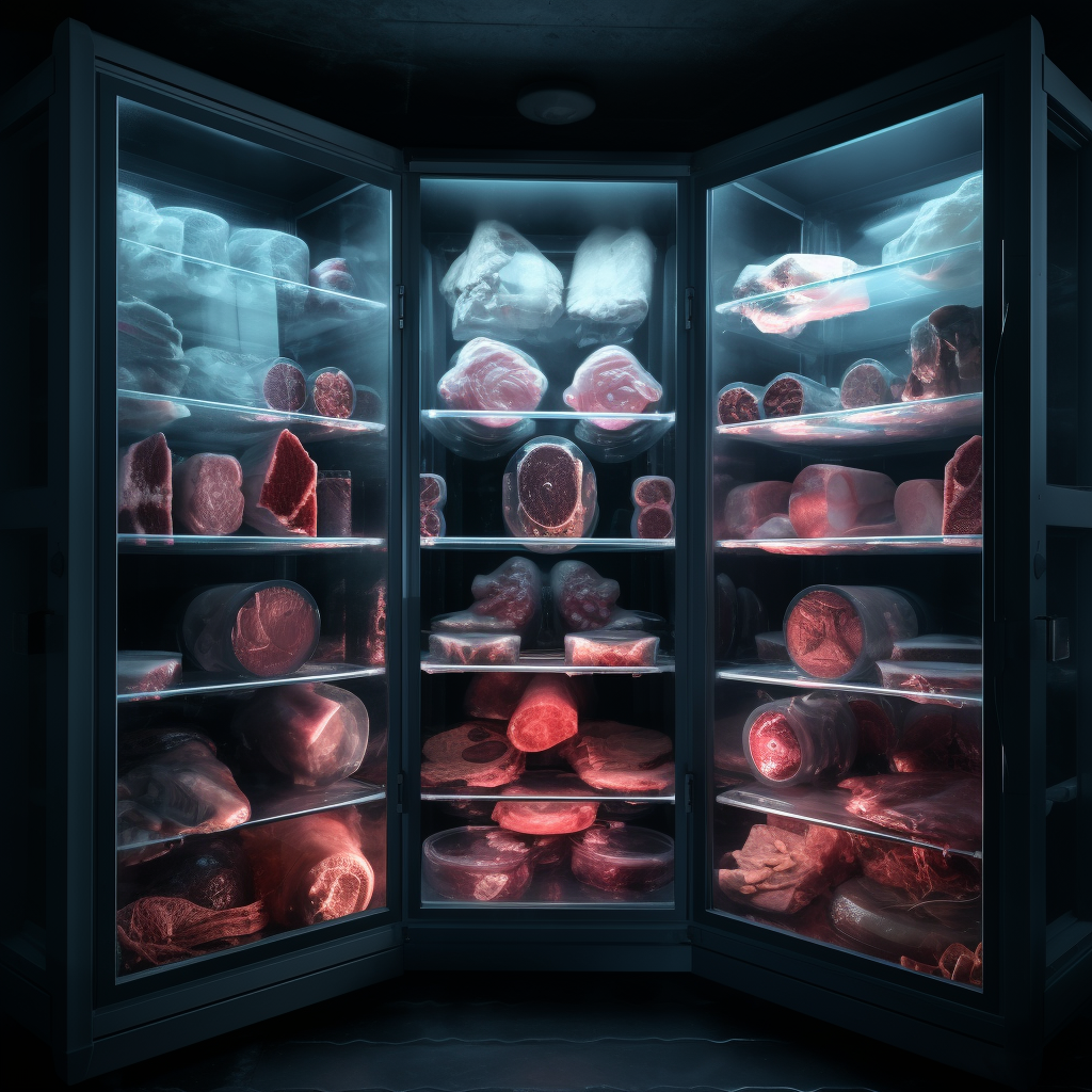 Butcher Glass Freezer with Vinyl Records and Meat