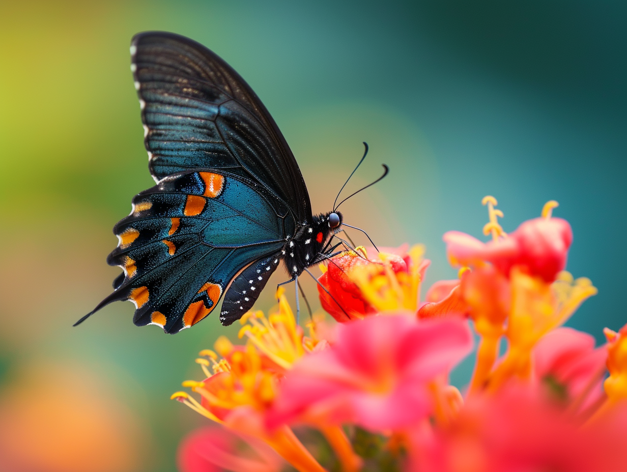 Bright red and orange flowers with butterflies