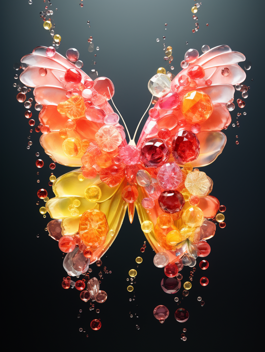 Colorful butterfly wings made from jewelry and fruit.