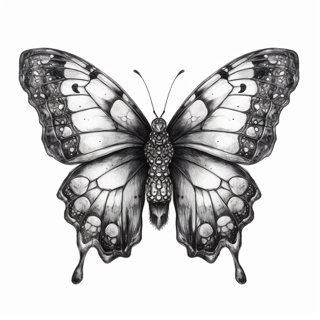 butterfly surrealistic drawing with skull in black and white