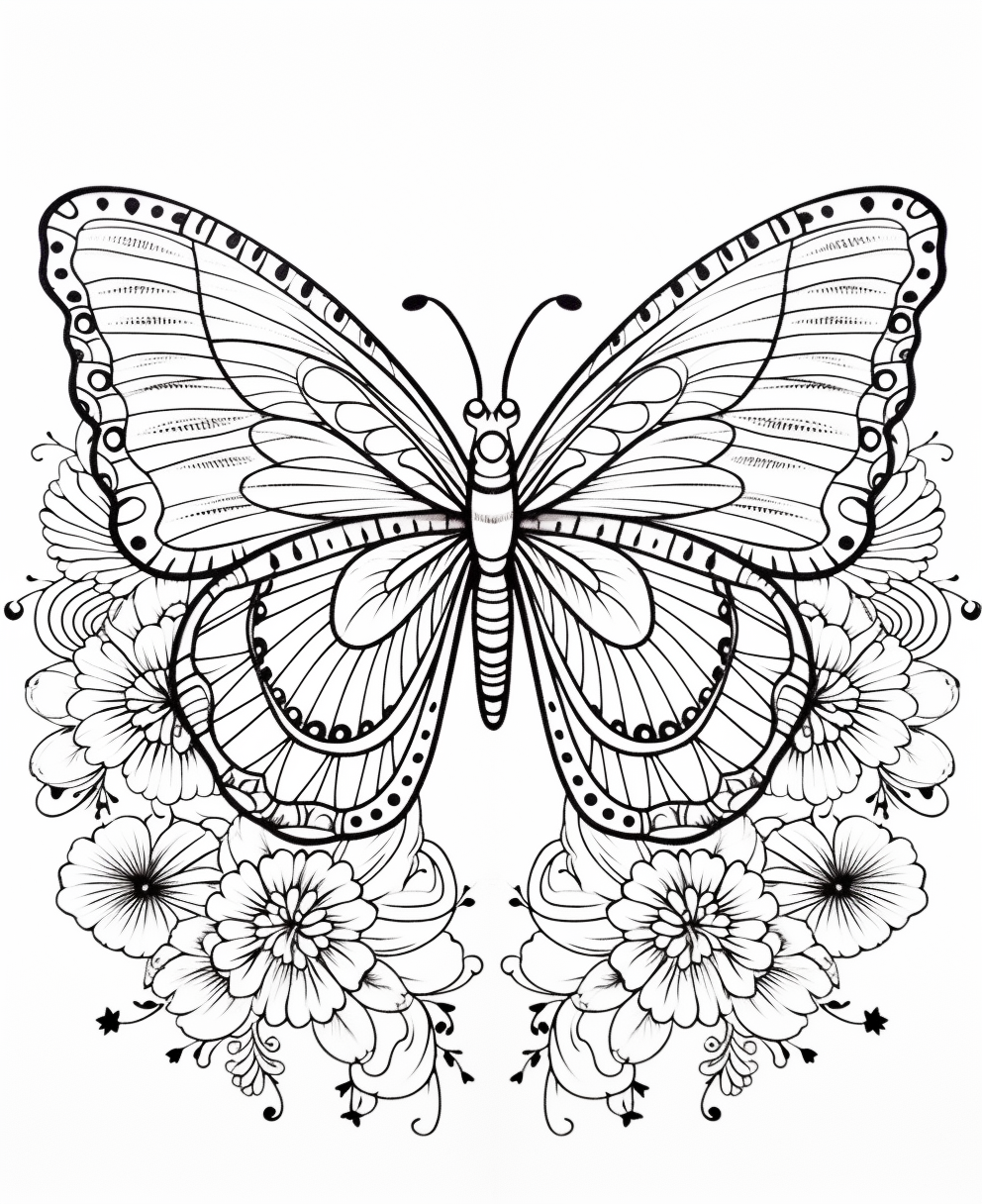 Black and White Butterfly and Flowers Coloring Page