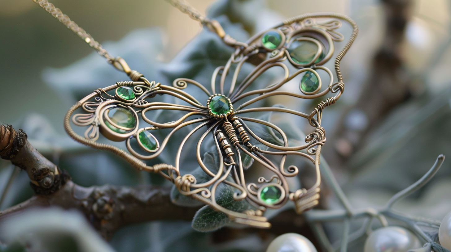 Elegant Butterfly Necklace Pendant Green Gems