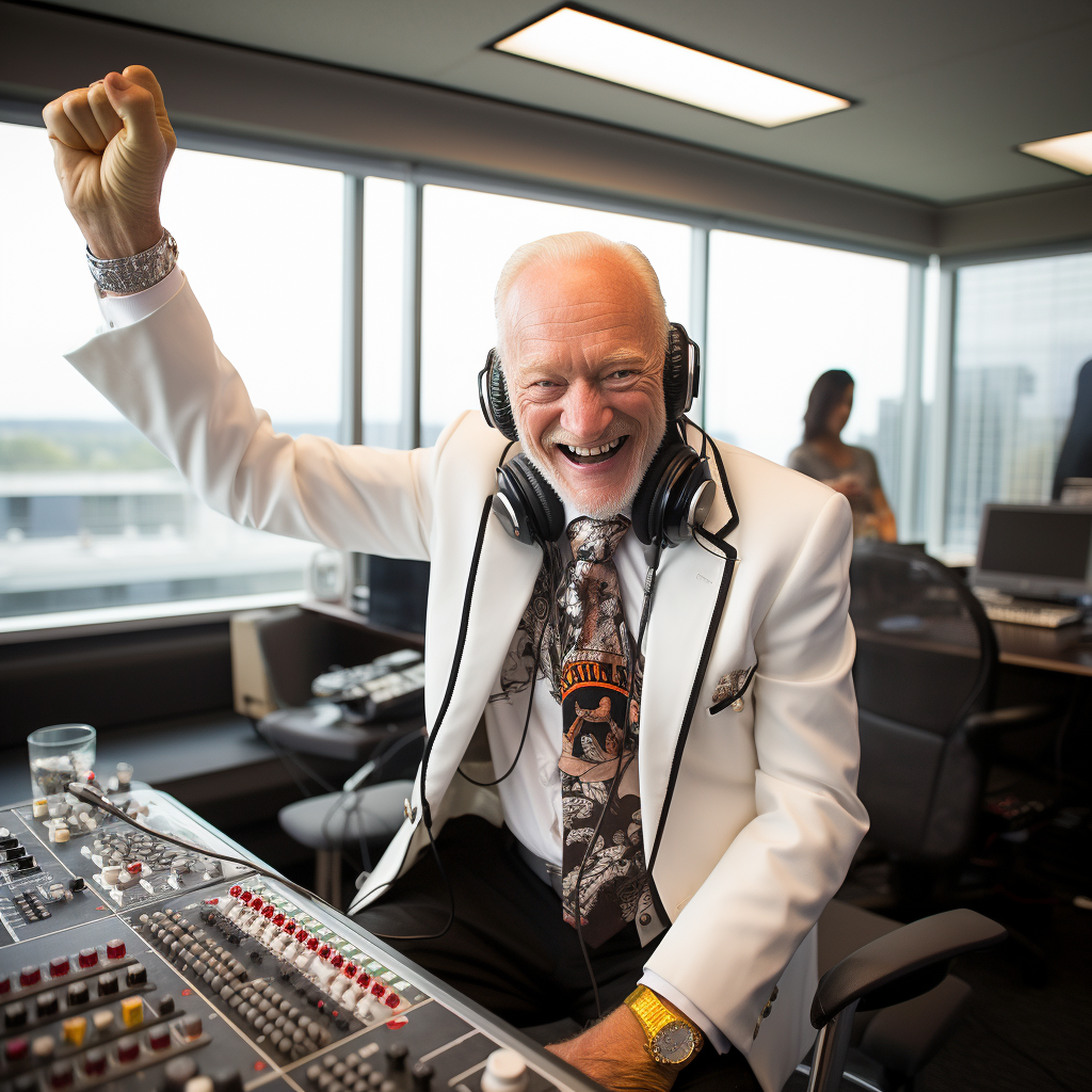 Buzz Aldrin DJ'ing in a boardroom