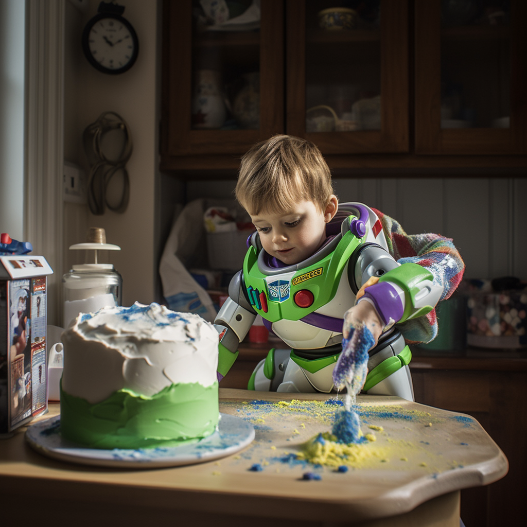 Buzz Lightyear baking a cake in a themed home