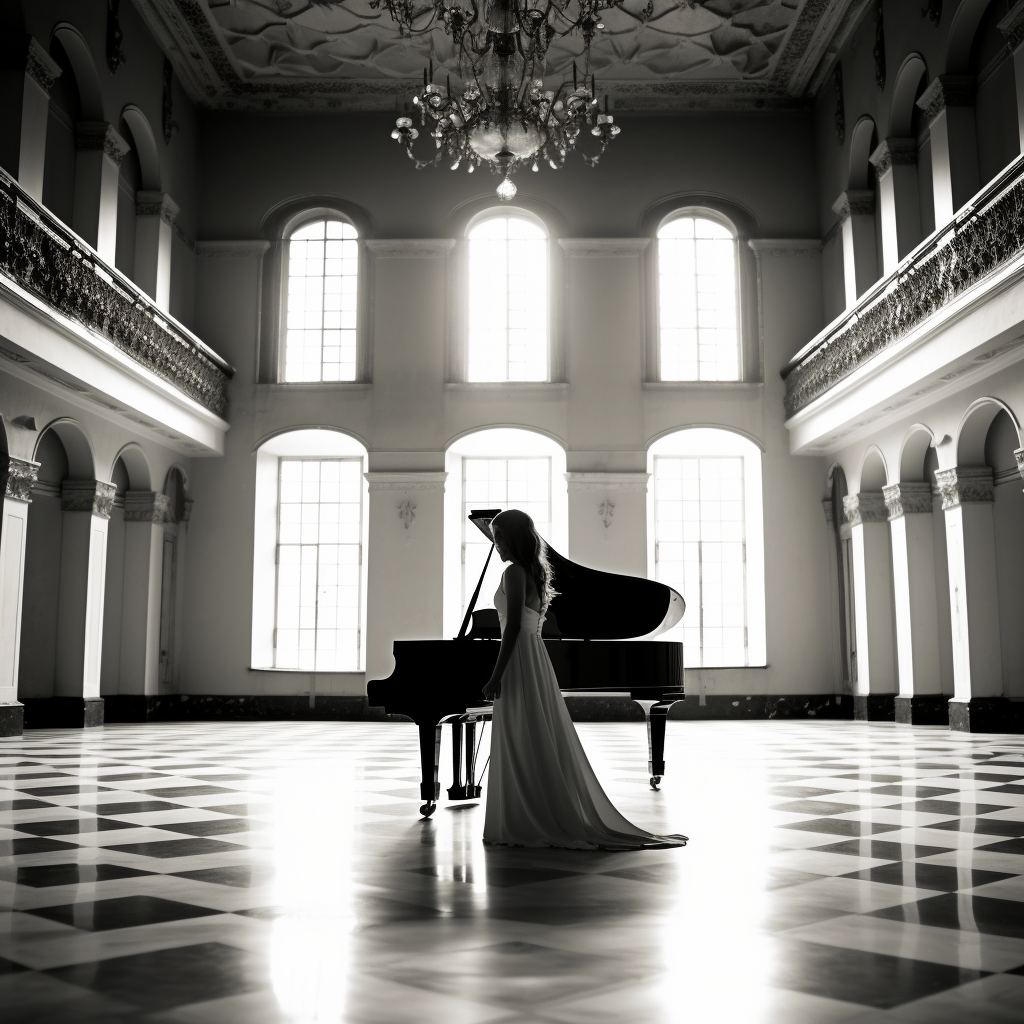 Black and white photo of a female playing piano