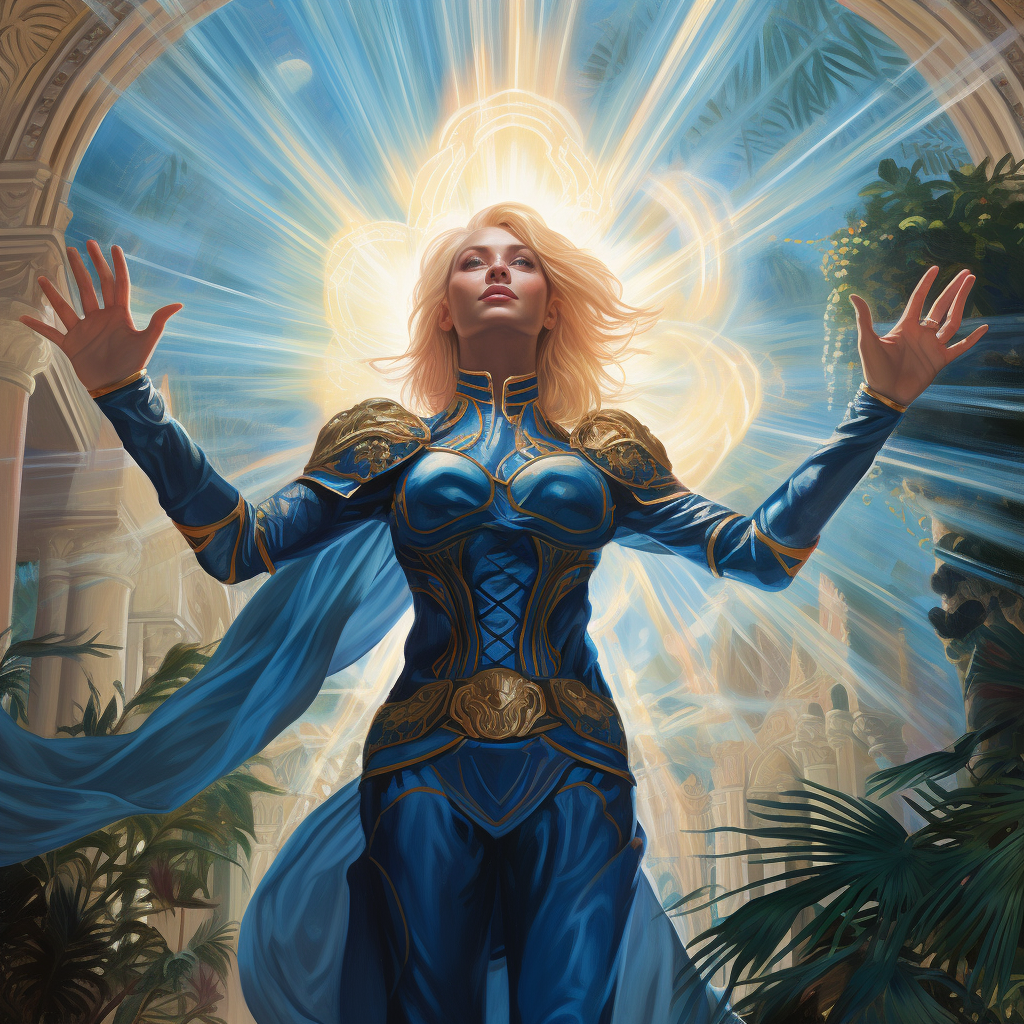 Blonde woman sorcerer in blue armor