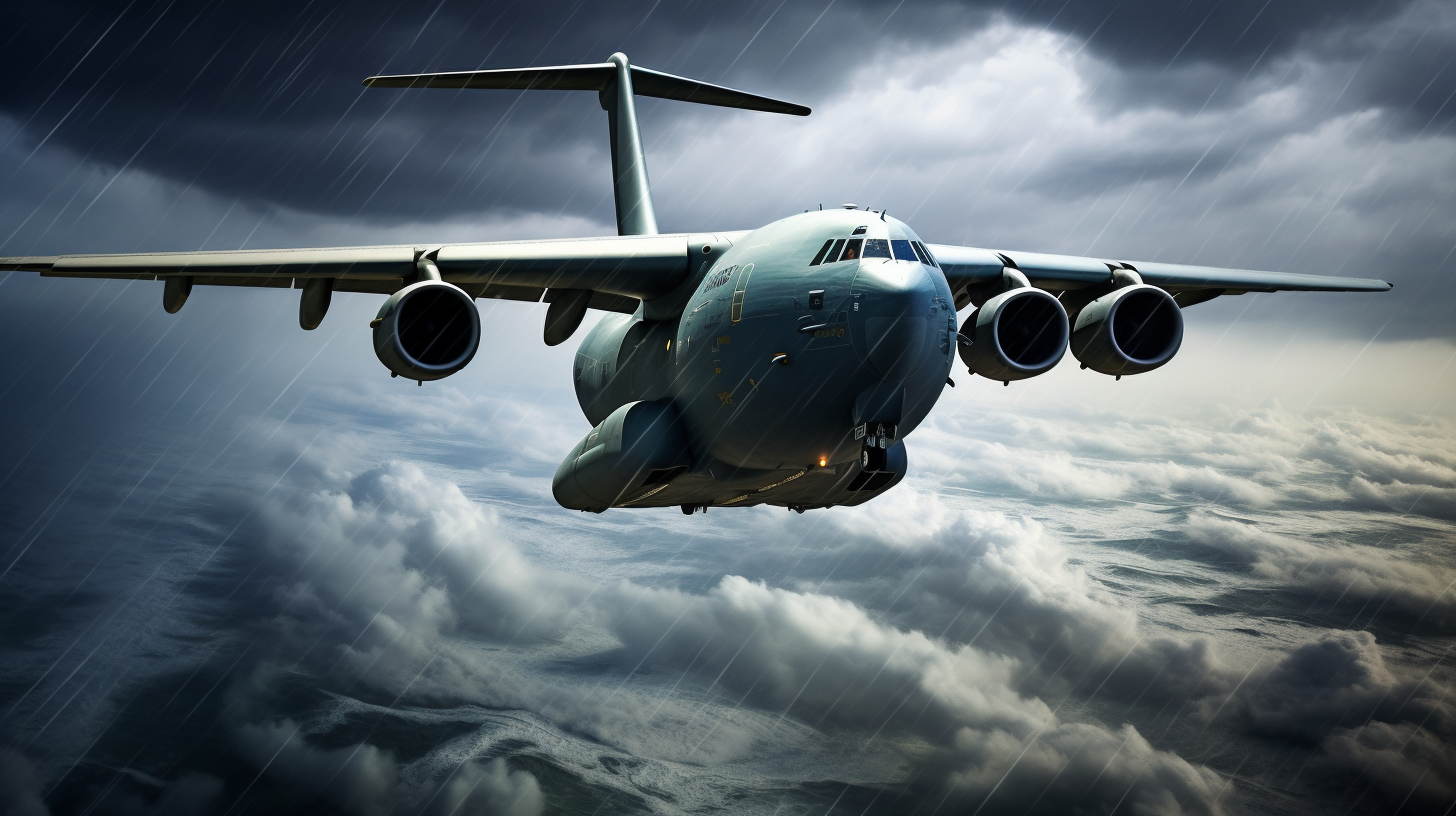 C-17 Galaxy Military Cargo Plane in Cyclone