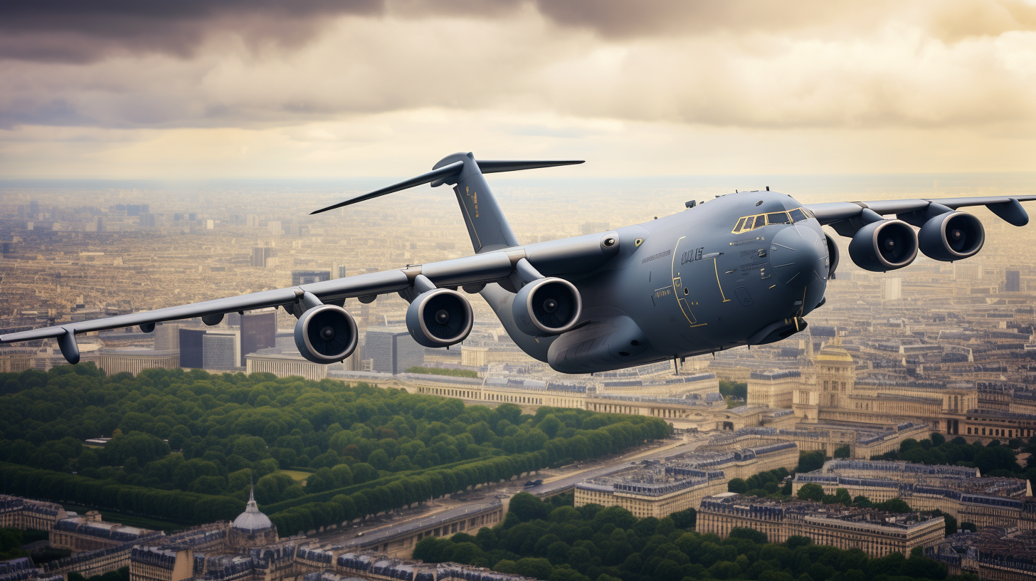 Boeing C-17 Globemaster flying over Eiffel Tower