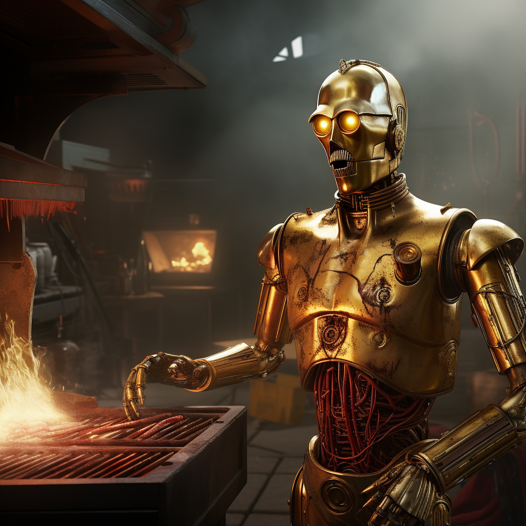 C-3PO grilling delicious burgers