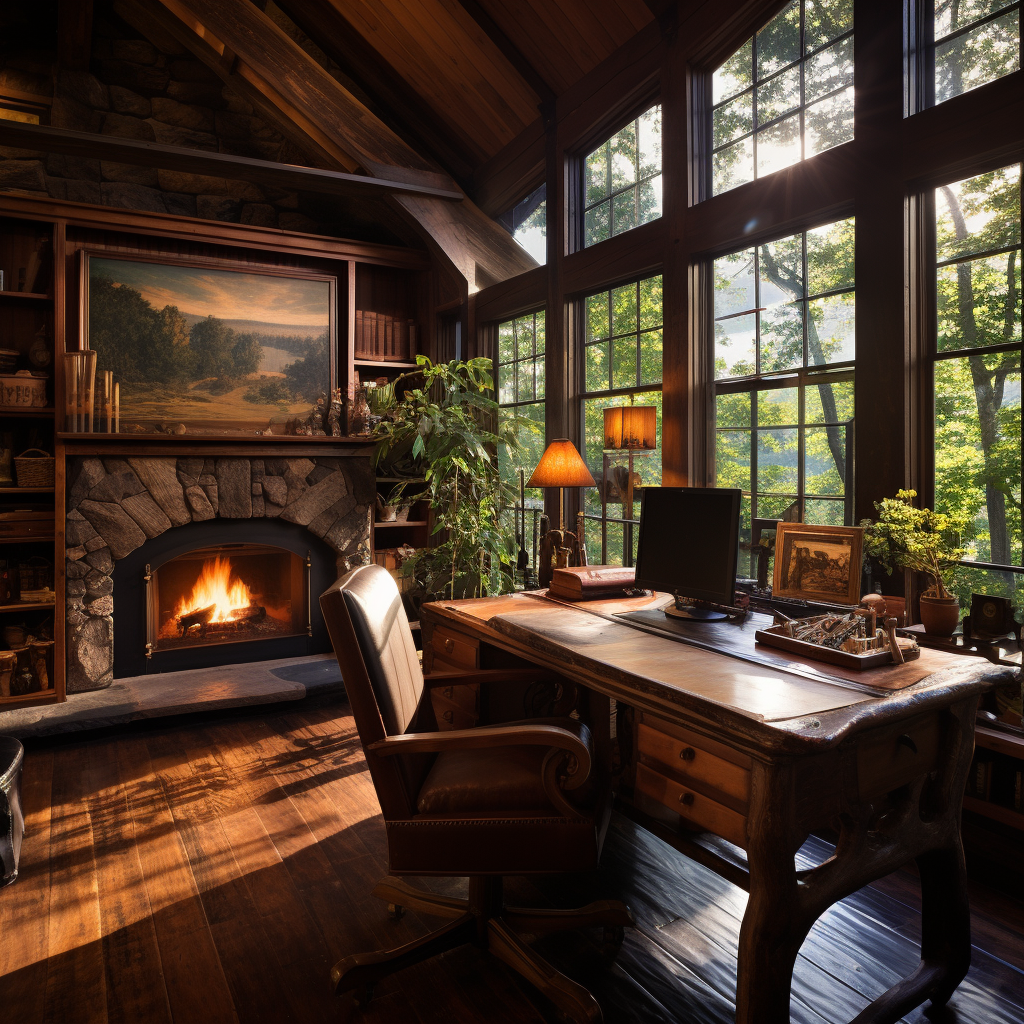 Cozy cabin great room with fireplace and desk area