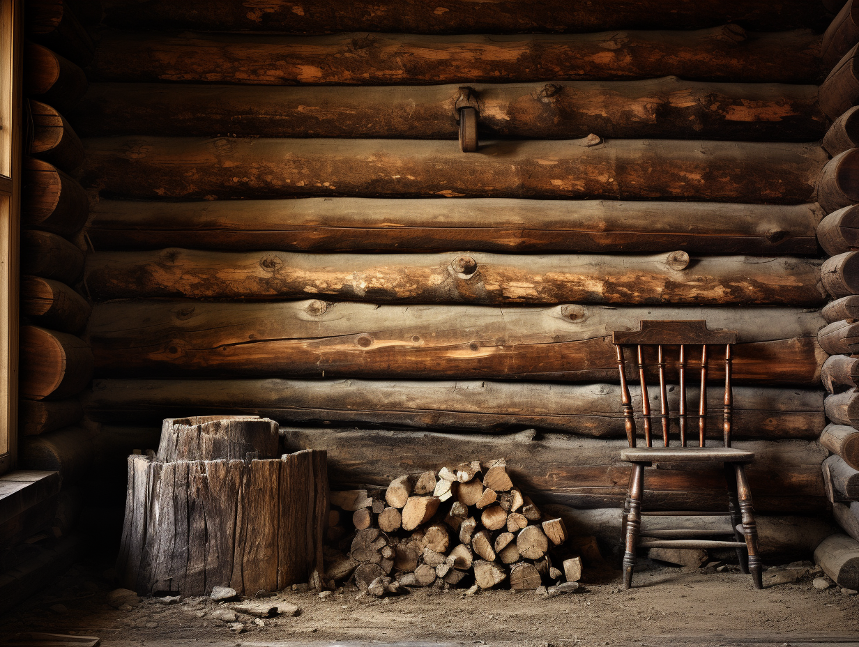 Rustic log cabin with primitive furnishings