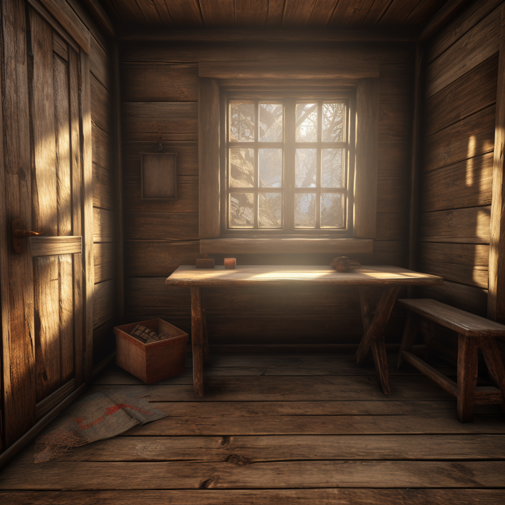 Cabin interior with window, door, and wooden table