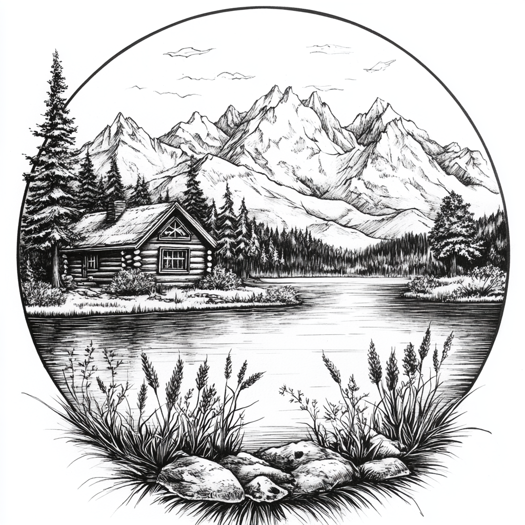 Elegant cabin lake mountains trees drawing