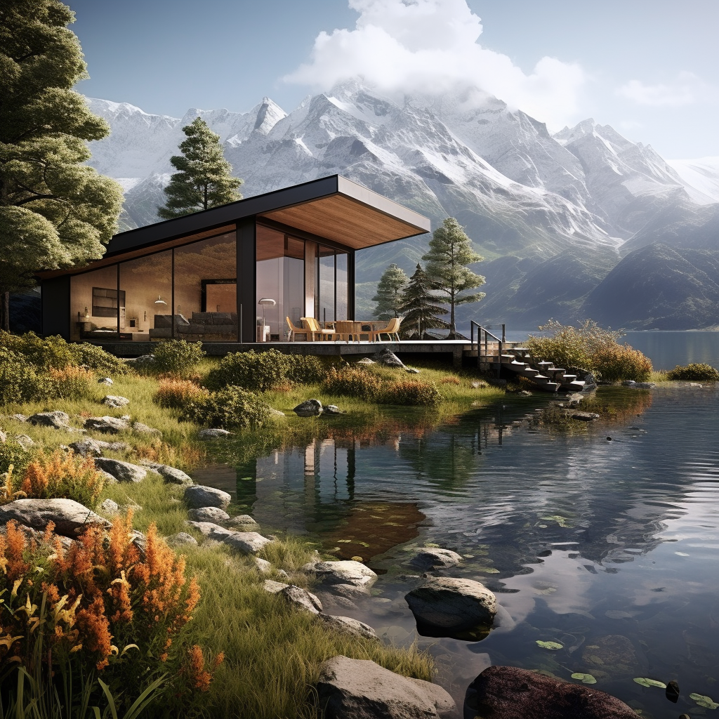 Hyperrealistic cabin in mountain lake