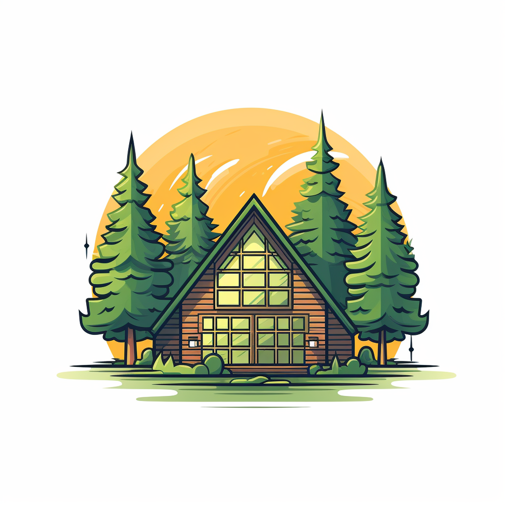 Flat vector logo of cabin with pine trees