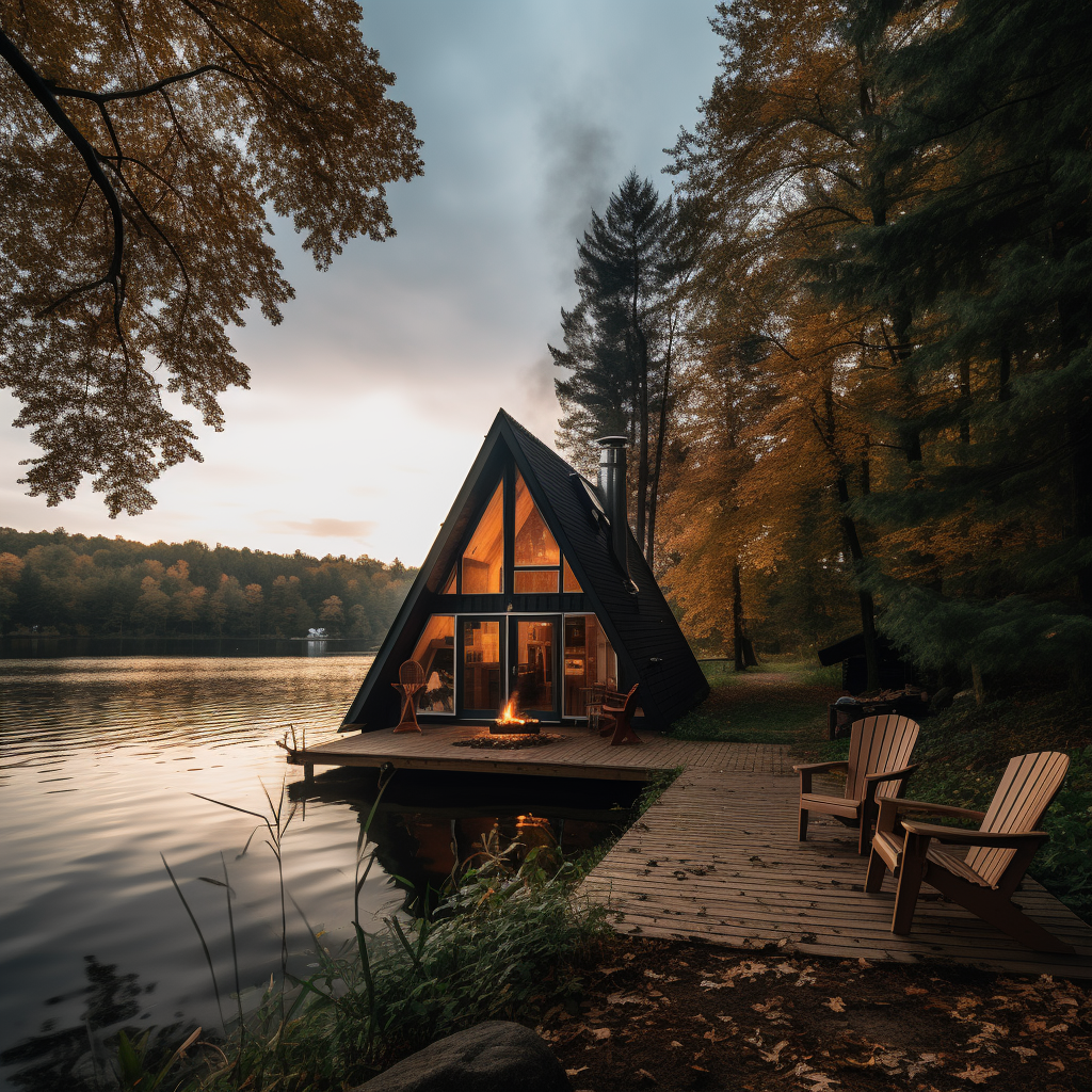 Man sitting by campfire in beautiful cabin setting