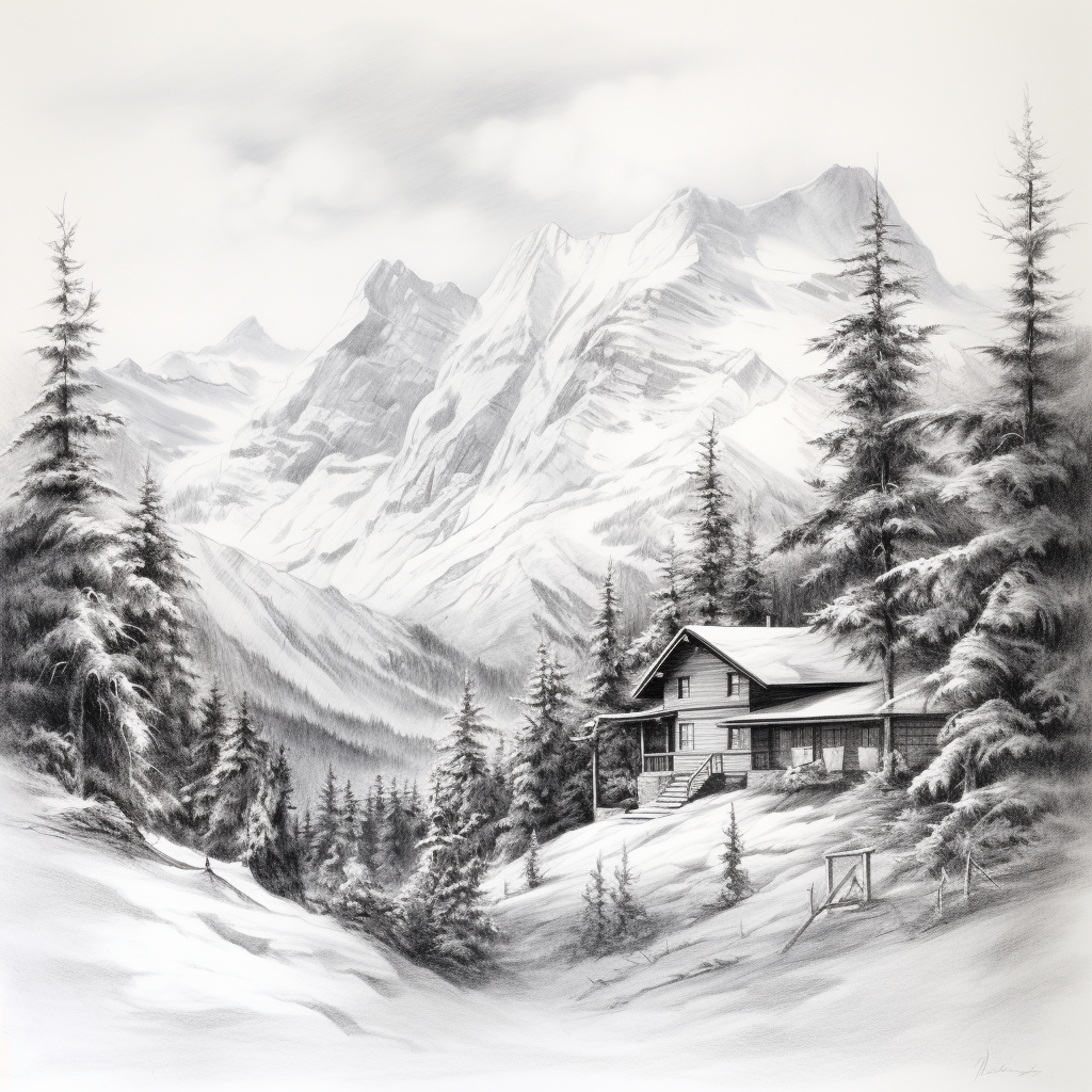 Pencil drawing of cabin in woods