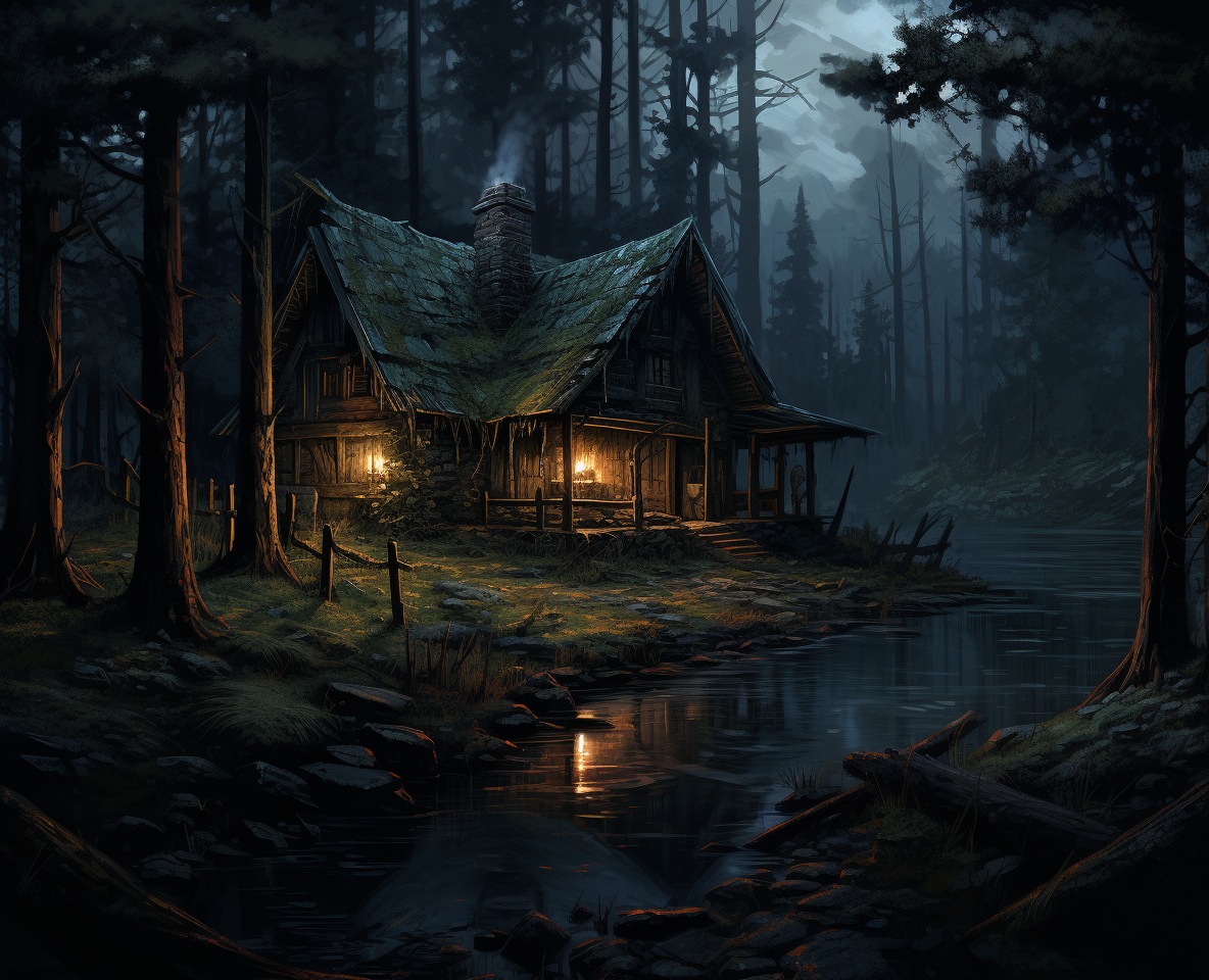 Detailed cabin in the woods painting