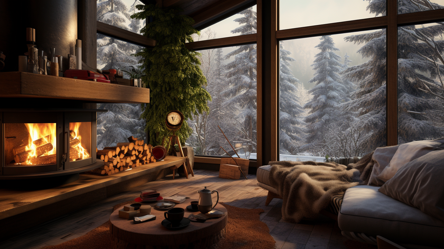 Cozy cabin in woods with snow and fireplace