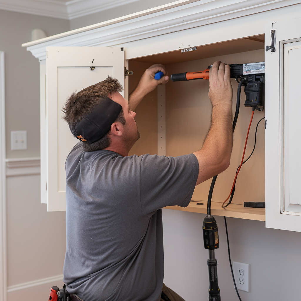 Skilled cabinet installer installing a beautiful cabinet