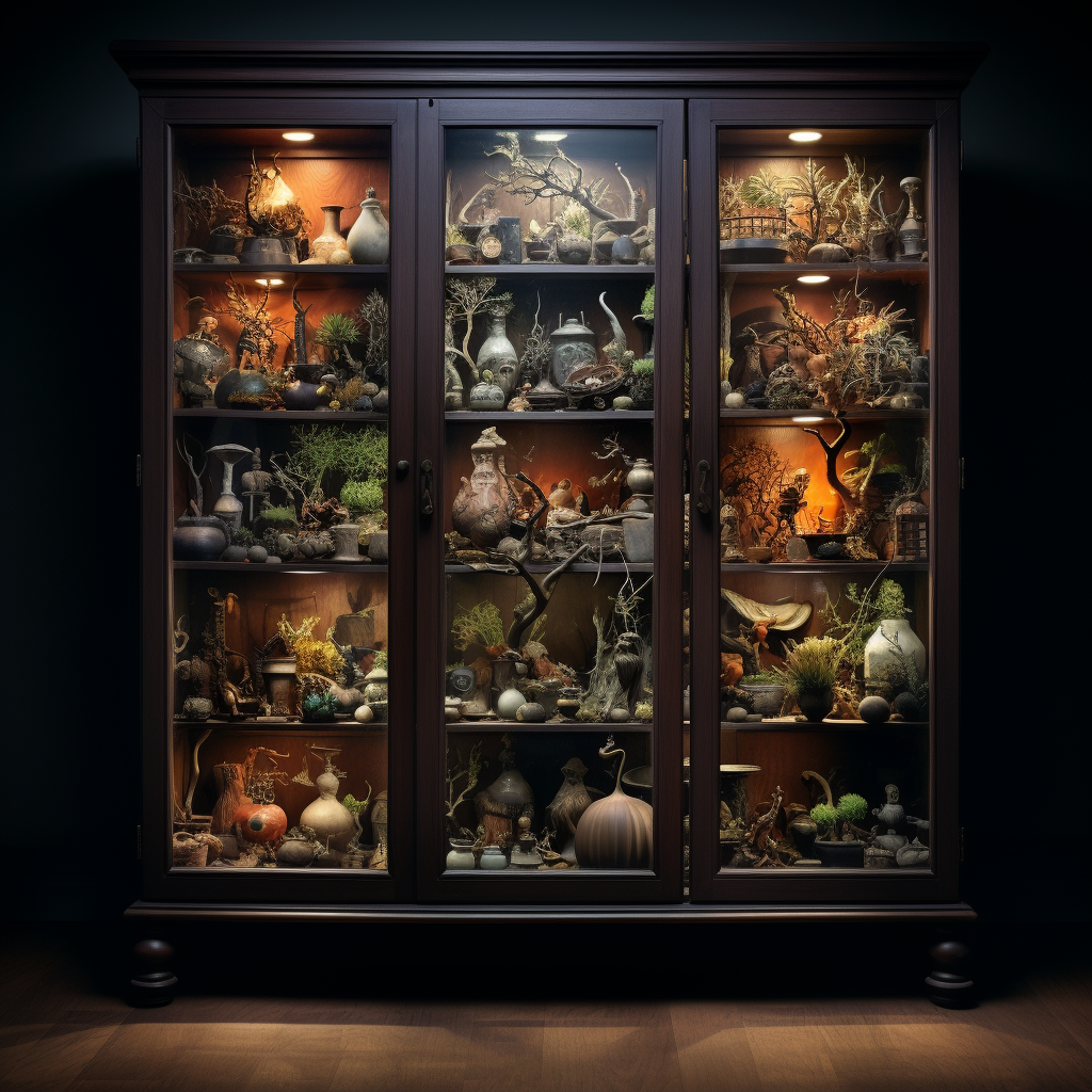 Photorealistic cabinet of curiosities on dark background