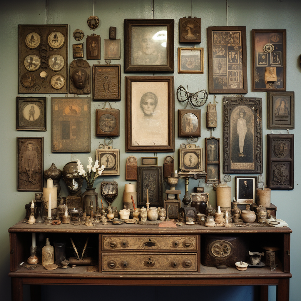 Vintage cabinet of curiosities with distressed look