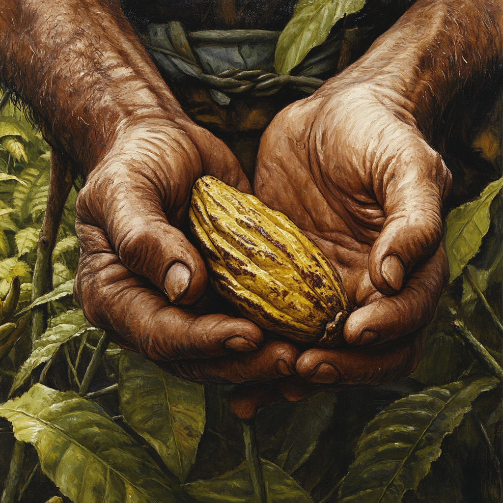 Cacao farmer holding cacao pod