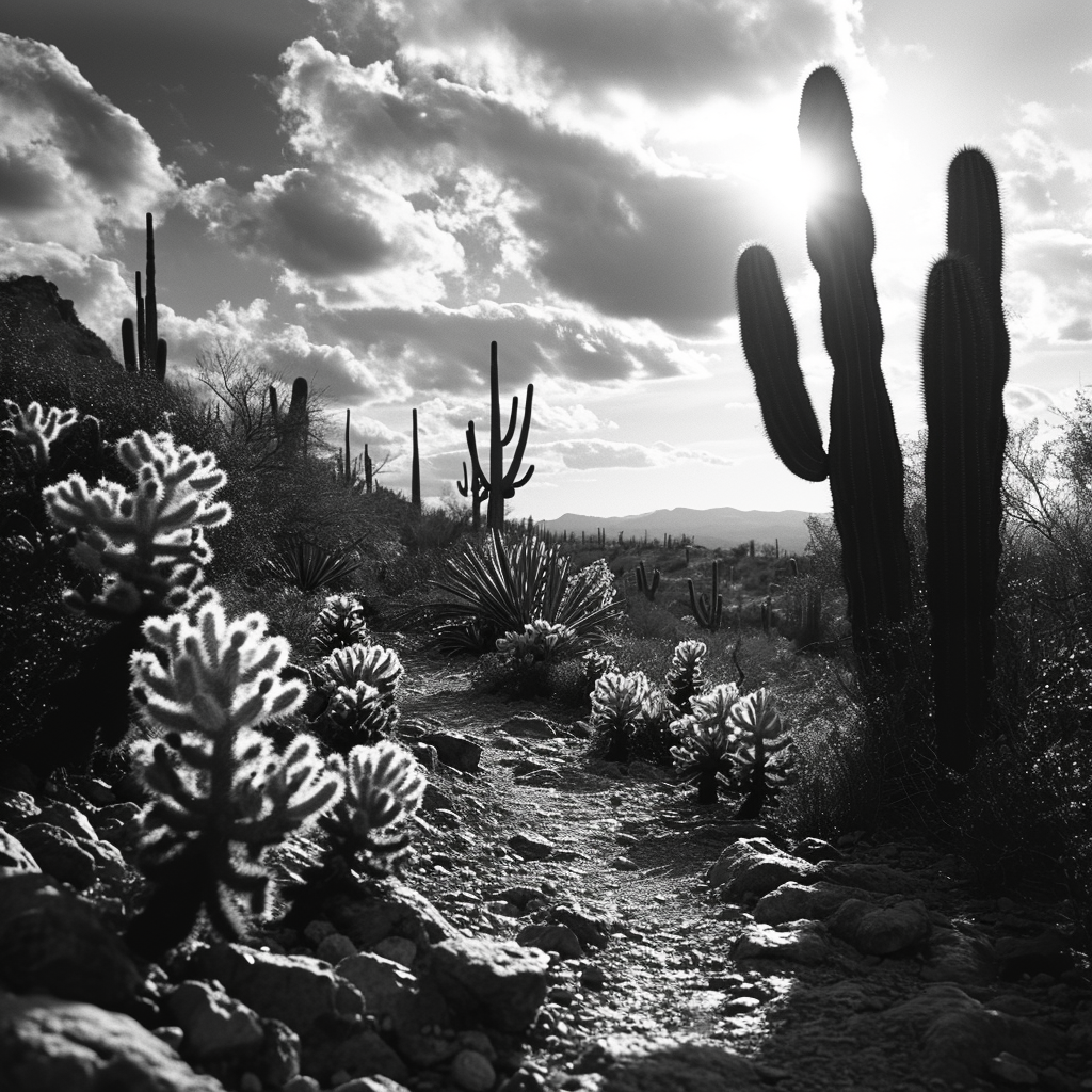 Beautiful silhouettes of cacti against the morning sky