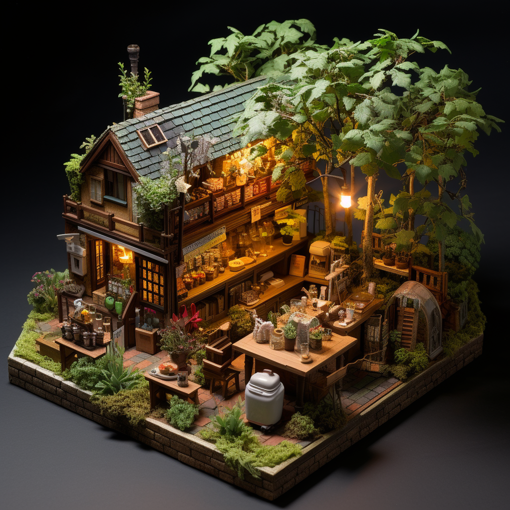 Aerial view of cafe diorama with plants and brew station